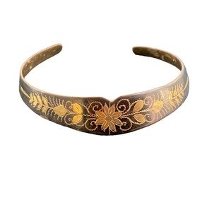 VINTAGE NECKLACE BRASS BLACK ETCHED FLORAL DESIGN